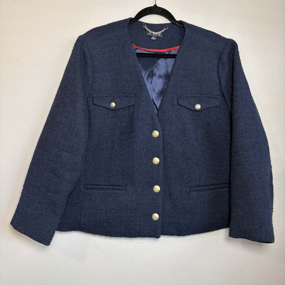 J Crew Sz 24 Navy Blue Wool Blend V-Neck Women Jacket Maritime Tweed